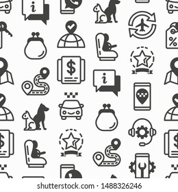 Taxi app seamless pattern with thin line icons: payment method, promocode, app settings, info, support service, pointer, route, destination, airport transfer, baby seat. Vector illustration.
