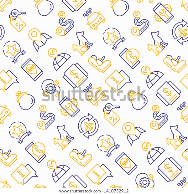 Taxi app seamless pattern with thin line\
icons: payment method, promocode, app settings, info, support\
service, phone number, location, destination, airport transfer,\
baby seat. Vector\
illustration.