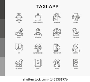 Taxi App Thin Line Icons Set: Payment Method, Promocode, App Settings, Info, Support Service, Phone Number, Location, Pointer, Route, Destination, Airport Transfer, Baby Seat. Vector Illustration.