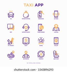 Taxi App Thin Line Icons Set: Payment Method, Promocode, App Settings, Info, Support Service, Phone Number, Location, Pointer, Route, Destination, Airport Transfer, Baby Seat. Vector Illustration.