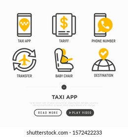 Taxi App Thin Line Icons Set: Pointer, Tariff, Phone Number, Destination, Airport Transfer, Child Seat. Vector Illustration.