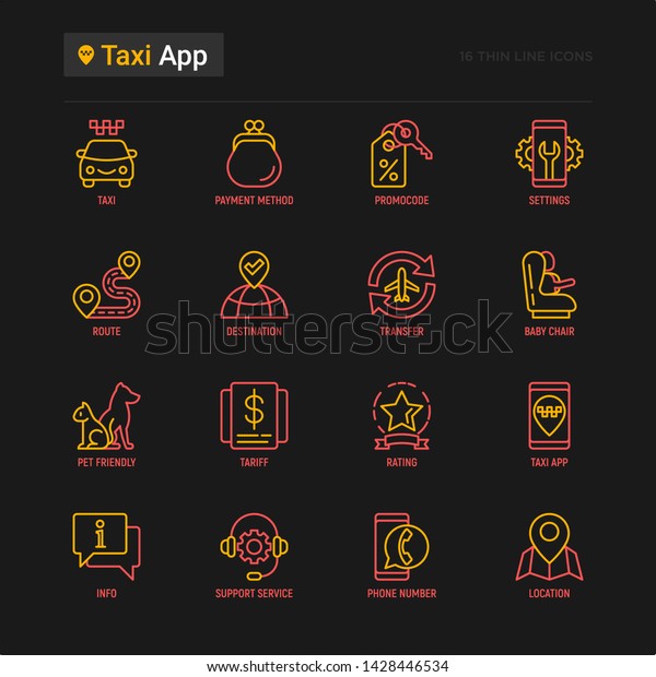 Taxi app thin line icons set: payment method,\
promocode, app settings, info, support service, location, pointer,\
route, destination, airport transfer, baby seat. Vector\
illustration for black\
theme.