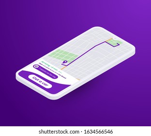 Taxi app UI design viewed on isometric phone. Info about trip, driver name and other way information