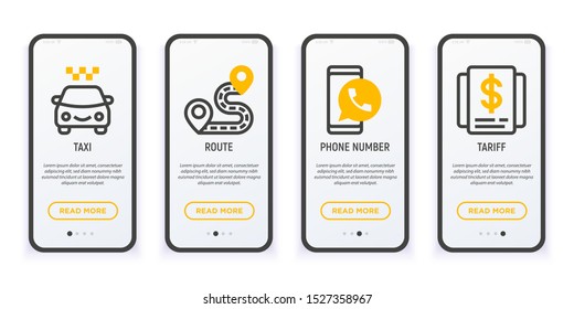 Taxi App User Mobile Interface. Thin Line Icons: Taxi, Route, Phone Number And Tariff. Modern Vector Illustration.