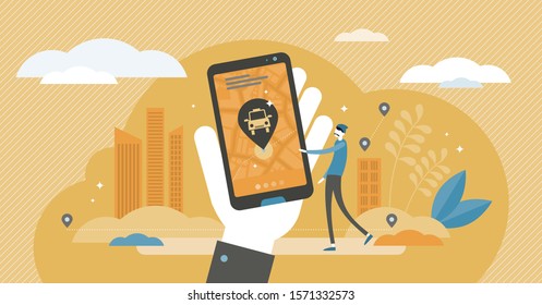 Taxi app vector illustration. Order cab in phone with flat tiny persons concept. Smart urban city transportation type using automobile web software application. Customer with open ride map scene.