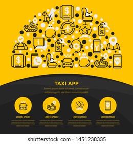 Taxi App Web Page Template In Half Circle With Thin Line Icons: Payment Method, Promocode, App Settings, Info, Support Service, Phone Number, Location, Airport Transfer, Baby Seat. Vector Illustration