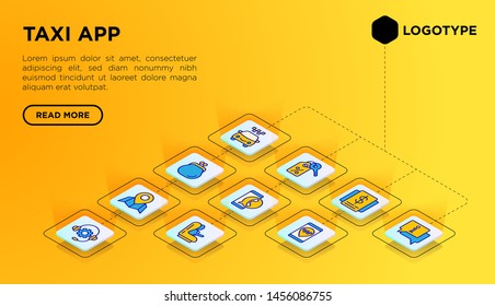 Taxi app web page template with thin line isometric icons: payment method, promocode, app settings, info, support service, phone number, location, pointer, route, baby seat. Vector illustration.