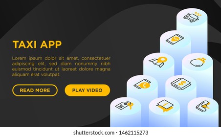 Taxi app web page template with thin line isometric icons: payment method, promocode, app settings, info, support service, pointer, route, destination, airport transfer, baby seat. Vector illustration
