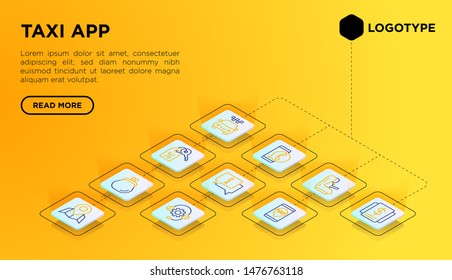 Taxi app web page template with thin line isometric icons: payment method, promocode, app settings, info, support service, phone number, location, airport transfer, baby seat. Vector illustration.