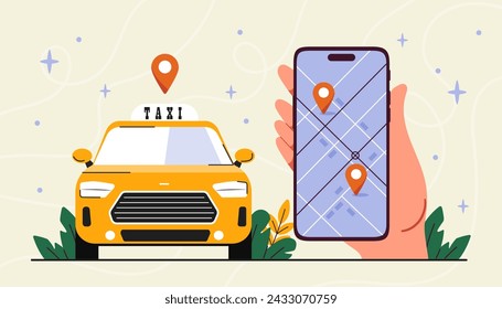 Concepto de aplicación de taxi. Manos sosteniendo el teléfono inteligente con el mapa en el fondo del automóvil amarillo. Viaje y viaje, infraestructura urbana. Navegación y ubicación geográfica. Ilustración de vector plano de dibujos animados