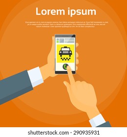 Taxi Application Hand Use Smart Phone Call Cab Car Flat Vector Illustration