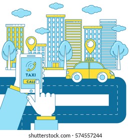 Taxi application. Man holds cell phone with taxi service app. City transport system on urban landscape