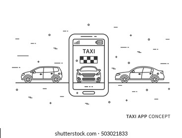 Taxi application on mobile phone vector illustration. Taxi service with mobile phone and cars line art concept. Booking taxi app on smart phone graphic design.
