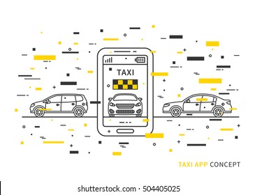 Taxi application on mobile phone vector illustration with colorful decorative elements. Taxi service with mobile phone and cars line art concept. Booking taxi app on smart phone graphic design.

