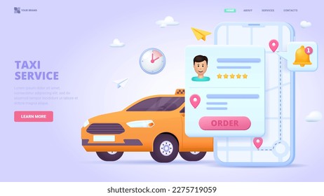 Aplicación de taxi, pedir taxi en línea. 3d concepto de diseño con caracteres para la página de inicio. Ilustración vectorial tridimensional para sitio web, banner.