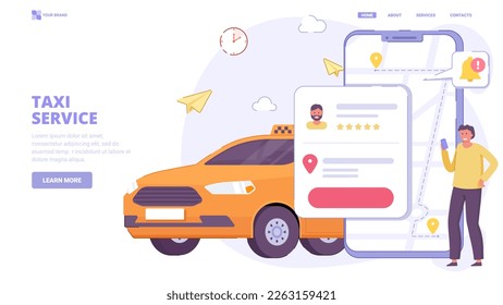 Taxi application, order taxi online. Flat design concept with characters for landing page. Vector illustration for website, banner.