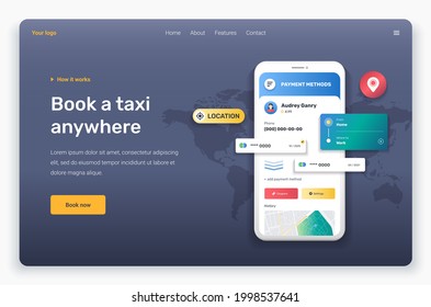 Taxi application with profile, payment methods, location pin and map. Landing page template. 
