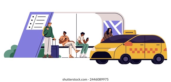 Taxi arrives at modern bus stop. Passengers waiting public transport at station. Person gets into car, cab. Urban vehicle. City infrastructure. Flat isolated vector illustration on white background