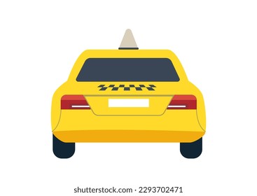 Taxi back view. Automobile and transport, yellow vehicle. Car or cab with sign. Urban infrastructure and small business. Poster or banner for website. Cartoon flat vector illustration