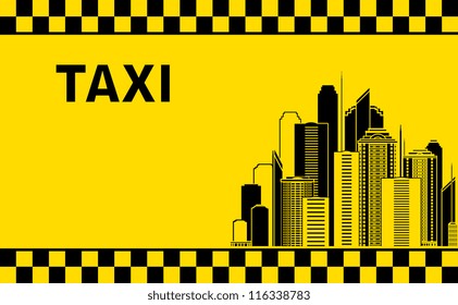 taxi background with city landscape and skyscrapers
