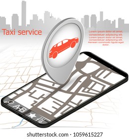 Taxi banner isometric. Online mobile application order taxi service horizontal illustration. Flat 3d vector isometric high quality.