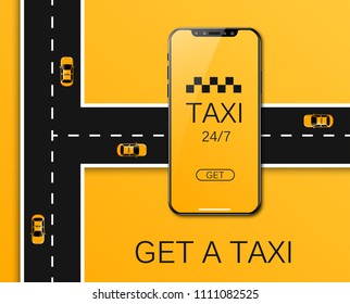 Taxi banner isometric. Online mobile application order taxi service horizontal illustration. Flat 3d vector isometric high quality Taxi banner isometric. Online mobile application order taxi service horizontal illustration. Flat 3d vector isometric high quality