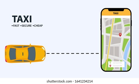 Taxi banner isometric. Online mobile application order taxi service horizontal illustration. Flat 3d vector isometric high quality
