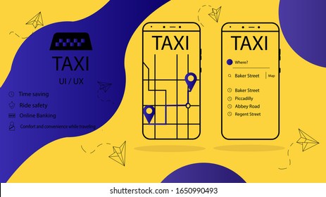 Taxi banner isometric. Online mobile application taxi booking service horizontal illustration. Call taxi online, mobile application. UI, UX.