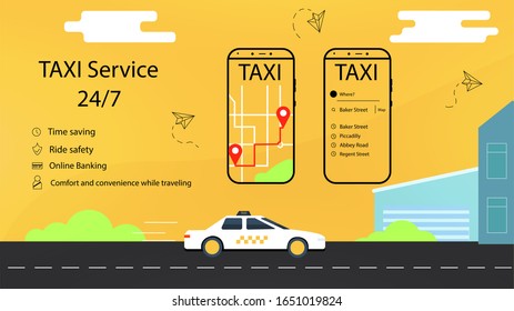 Taxi banner isometric. Online mobile application taxi booking service horizontal illustration. Call taxi online, mobile application. UI, UX.