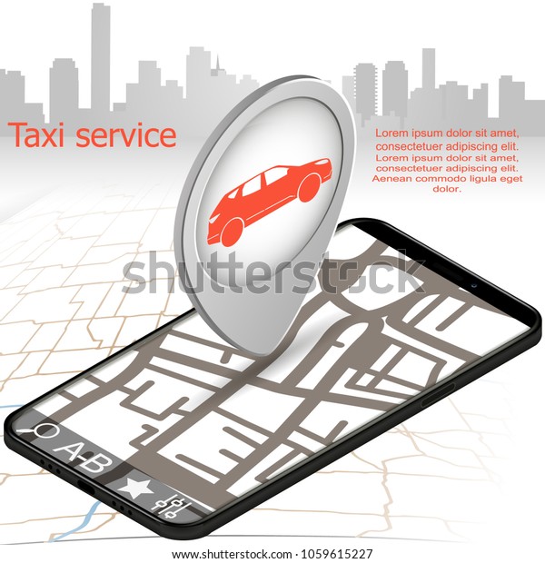 Taxi banner isometric. Online mobile application\
order taxi service horizontal illustration. Flat 3d vector\
isometric high quality.