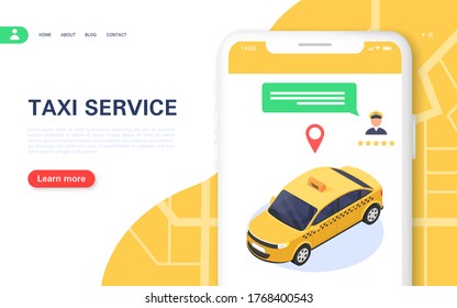Taxi banner. Mobile application for online ordering round-the-clock taxi. Choice of driver and chat with customer support. Vector isometric illustration.