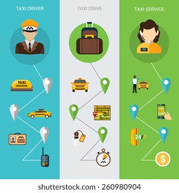 Banderas de taxi conjunto vertical con elementos planos de servicio de pago y conductor ilustración vectorial aislada