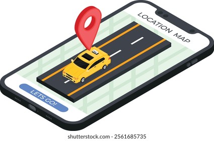 A taxi booking app interface featuring a yellow taxi, a location pin, and a road displayed on a smartphone screen. Perfect for app design, ride-hailing services, transportation marketing, or digital c