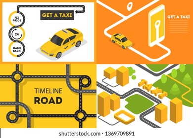 Taxi booking banner concept set. Order car in mobile phone app. Idea of transportation and internet connection. Isolated flat vector illustration
