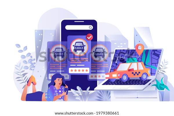 Taxi booking concept in flat design. Woman\
orders car using mobile application scene template. Passenger\
transportation at city, map location. Vector illustration of people\
characters activities