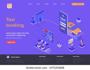 Taxi booking isometric landing page design. Taxi mobile application isometry concept. Online booking service of passenger transportation flat web page. Vector illustration with people characters.