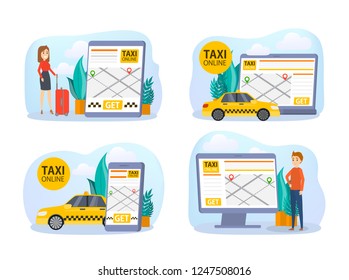 Taxi booking online set. Order car in mobile phone app. Idea of transportation and internet connection. Isolated flat vector illustration