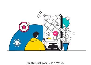 Taxi booking outline web concept in modern flat line design. Man using mobile app for ordering car transportation with online map route. Automobile transfer service in application. Vector illustration