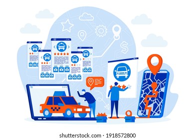 Taxi booking web design concept with people characters. Man booking taxi via mobile app scene. Online car service composition in flat style. Vector illustration for social media promotional materials.