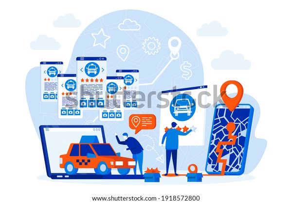 Taxi booking web design concept with people\
characters. Man booking taxi via mobile app scene. Online car\
service composition in flat style. Vector illustration for social\
media promotional\
materials.