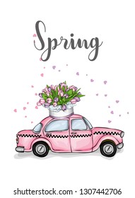 Taxi and a bouquet of tulips. Vector illustration for greeting card or poster. Spring flowers.