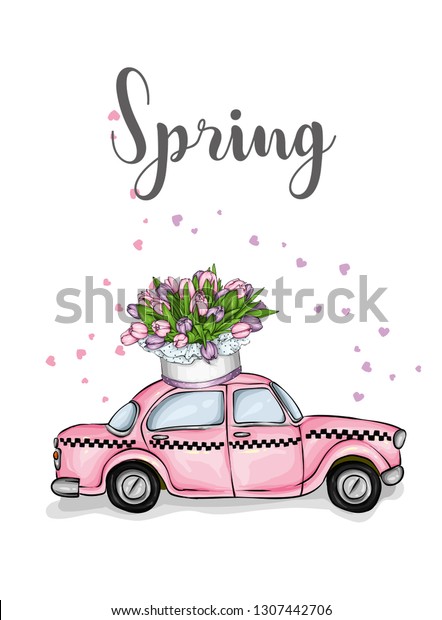 Taxi and a bouquet of tulips.\
Vector illustration for greeting card or poster. Spring\
flowers.