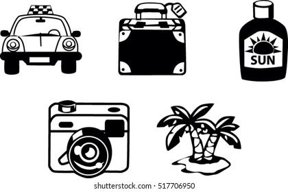 Taxi, briefcase, sunblock, camera and palm tree travel icons