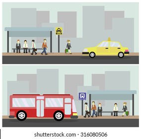 Taxi and Bus station, Public transportation.vector illustration