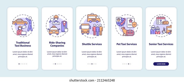 Taxi business types onboarding mobile app screen. Shipment walkthrough 5 steps graphic instructions pages with linear concepts. UI, UX, GUI template. Myriad Pro-Bold, Regular fonts used
