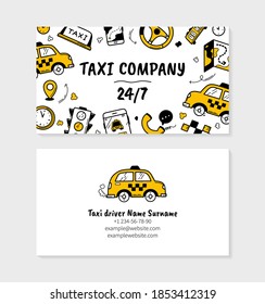 Taxi business visit card template for printing in Doodle style, double-sided vector template