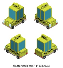 Taxi cab, 4 views, 3D isometric pixel graphics