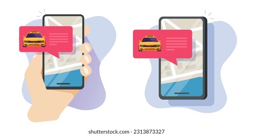 Taxi cab business service mobile cell phone app vector flat graphic illustration image, cellphone application with yellow car vehicle ordered waiting and city map tech in person man hand notice 