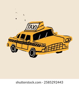 Taxi, cab car. Retro, vintage vehicle. Cartoon unique style. Automobile, motor transport, passenger transportation concept. Hand drawn trendy Vector illustration. Isolated design element