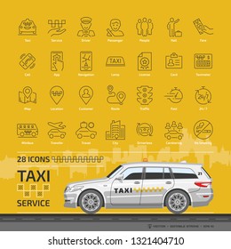 Taxi cab car service editable stroke outline icon set on a yellow background with white station wagon mockup, motor transport, driver, passenger, navigation, mobile app and city traffic line sign.